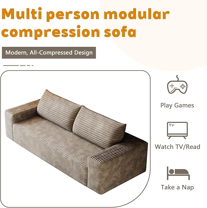 63 Sofa in a Box Compressed Boneless Couch with Wide Armrests &amp 2 Cushions Cloud loveseat Sofa for Living Room Memory Foam Deep Seat Corduroy Fabric No Assembly (Camel 2)