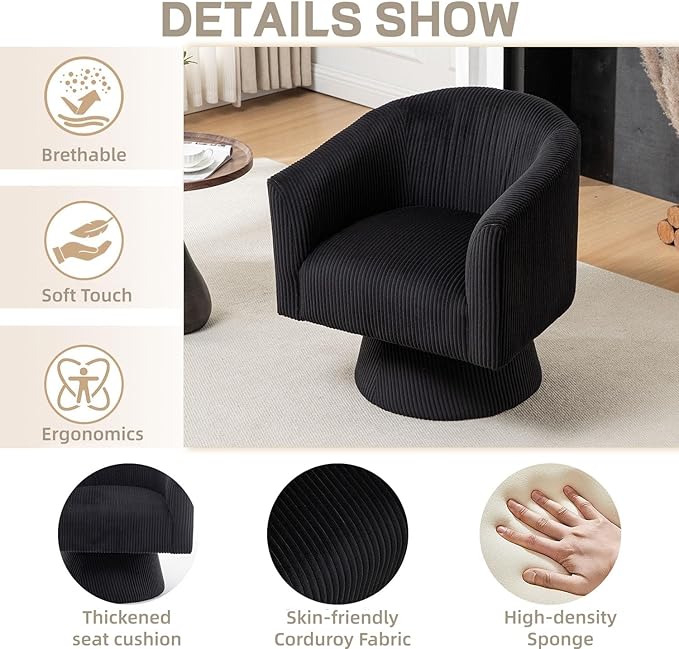 Swivel Accent Chair Modern 360° Barrel Chair Corduroy Upholstered Single Sofa for Living Room Bedroom(Black)