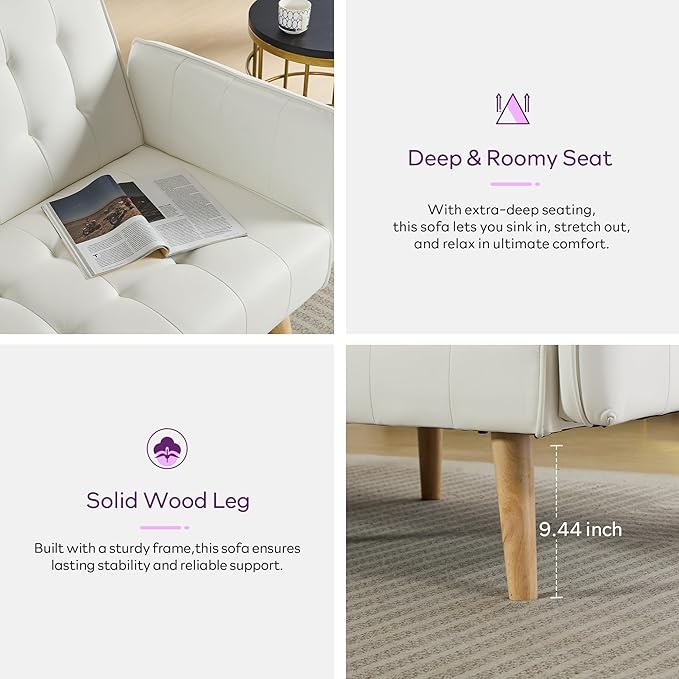 TYBOATLE Modern White Faux Leather Upholstered Convertible USB Folding Futon Sofa Bed 65 Couch Love Seats Furniture for Small Space Configuration Apartment Dorm Living Room Office