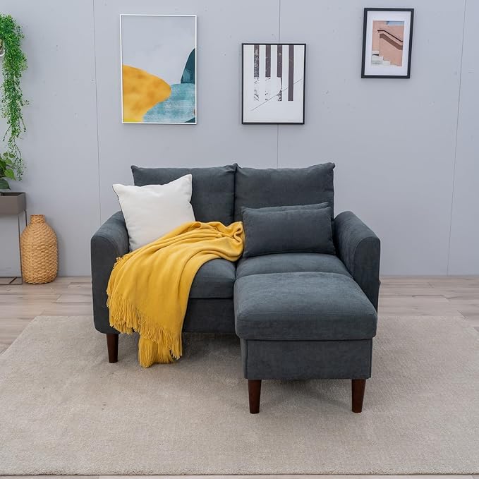 Panana Convertible Sectional Sofa CouchL-Shaped 2 or 3-Seat Sofa Sectional with Reversible Ottoman for Small Living Room Apartment (Gray Linen Fabric 2 Seater with Ottoman - Curved arms)