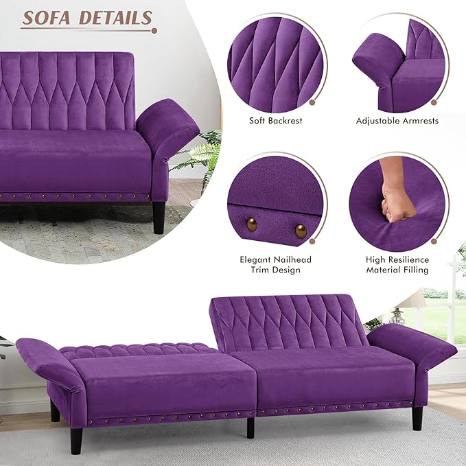 77” Velvet Sofa Bed with Adjustable Armrests and BackrestsTufted Convertible Futon Couch Loveseat Modern Velvet Sleeper Sofa for Living RoomBedroomOfficePurpel