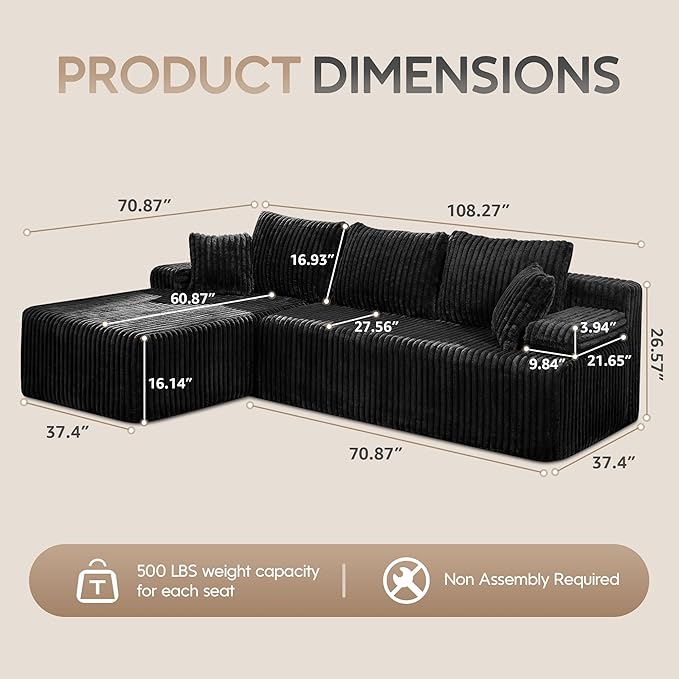 Modular Sectional Sofa Couches L-Shape Couch 3 Seat Modular Sofa Memory Foam Sectional Couches for Living Room Cloud Couch with Oversized Chaise (Black Stripe 108 Left Facing Chaise)