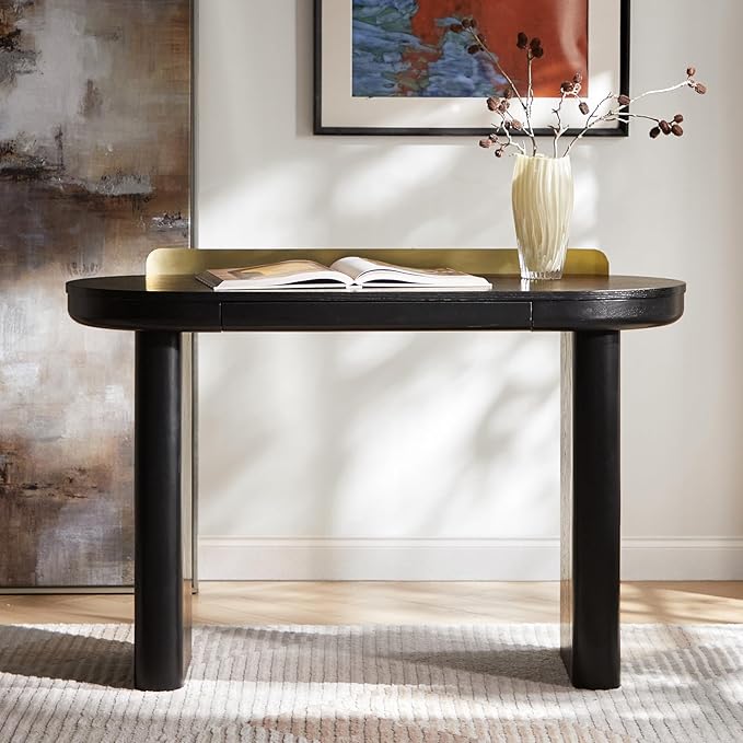 HULALA HOME 47 Modern Executive Desk with Storage Writing Desk with Rounded Legs &amp Curved Apron Home Office Desk with Divider Drawers Black