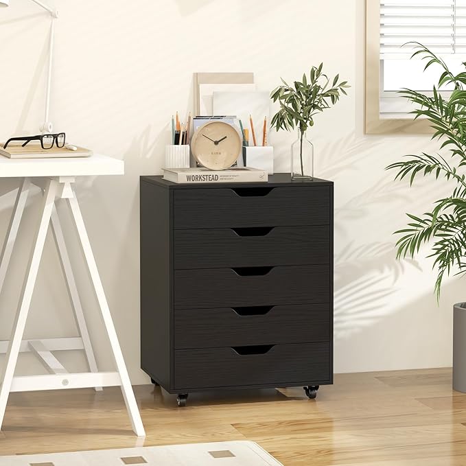 File Cabinet Mobile Filing Cabinet w/Universal Wheels &amp 5 Drawers Wood Printer Stand with Storage Rolling File Cabinets for Home Office Living Room Bedroom (Black 5 Drawers)