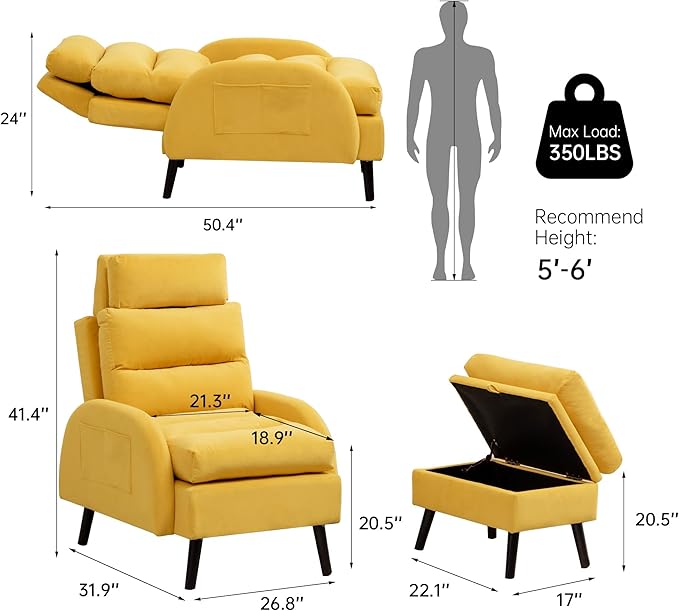 Accent Chair with Ottoman Comfy Reading Chair with Ottoman Set Modern Oversized Velvet Lounge Armchair with Adjustable Backrest for Living Room Bedroom (Yellow)