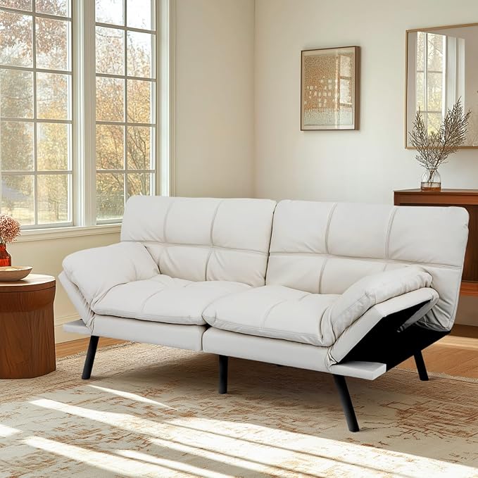 MUUEGM Futon Sofa Bed 71 Ivory Convertible Memory Foam Futon Couch Bed Modern Loveseat Sleeper with Adjustable Backrests Armrests for Living RoomSmall SpaceOffice