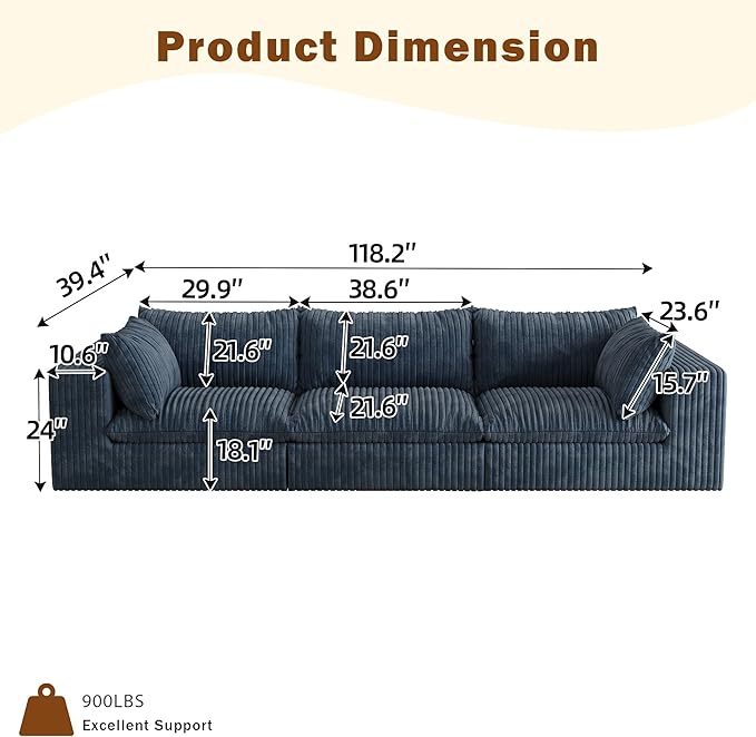 118.2 Oversized 3-Seater Modular Sectional Sofa Modern Comfy Plush Corduroy Upholstered Boneless Couch No Assembly Required Fluffy Deep Seat Cloud Couch for Living Room (Blue 3 Seater)