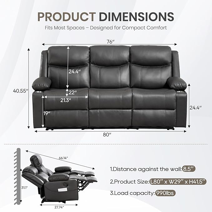 Manual Reclining 3-Seater Sofa with Heat &amp Massage PU Leather Recliner Couch for Living Room Faux Leather Upholstery Deep Cushions &amp Sturdy Frame (Grey)