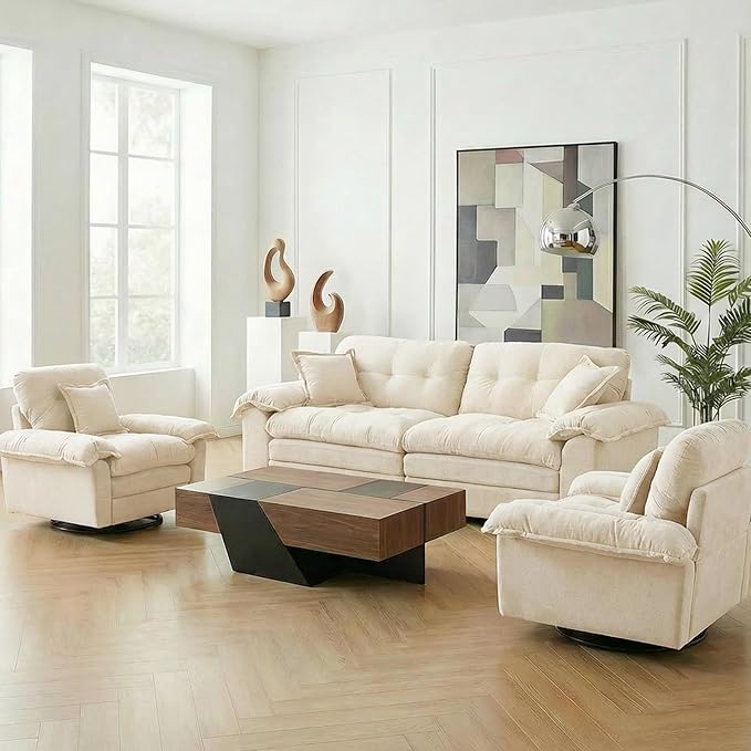 Modern 84 Small Loveseat &amp 2 Pieces 360° Swivel Accent Chairs Set Plush Chenille Fabric with Padded Seat &amp 4 Decorative Pillows for Apartment Living Room Bedroom Home Office (Beige 3-Pie