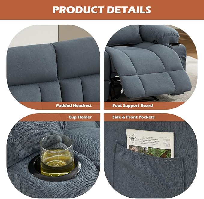 Recliner Loveseat with Cup Holders for Living Room Love Seat Manual Oversized Recliner with Ergonomic Side Pocket for Adult (Blue Double)