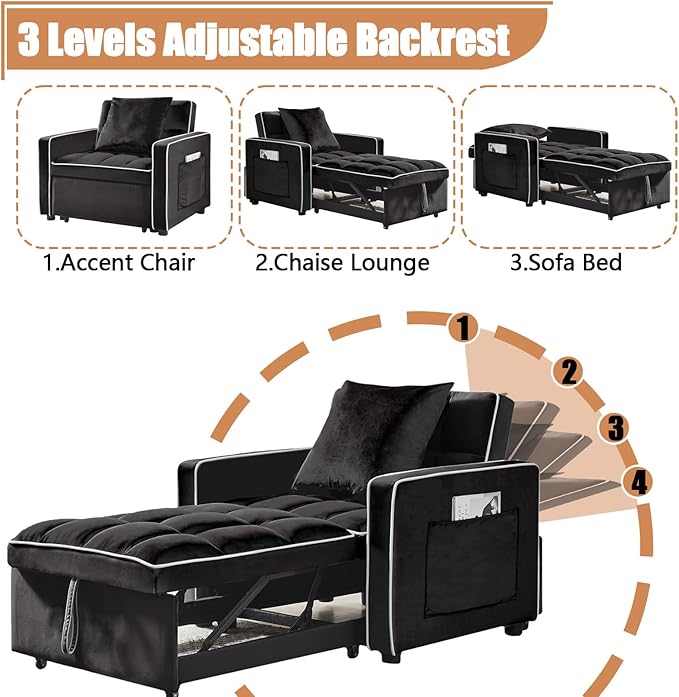 3 in 1 Convertible Sleeper Chair Bed Modern Velvet Pull Out Sofa Bed Single Sleeper with Adjustable Backrest/Pillow/Side Pockets for Living Room Bedroom Apartment Small Space(Black)