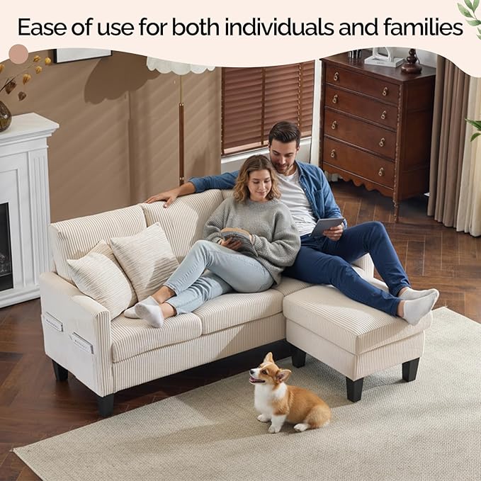 VINGLI 68.5' L Shaped Couch with Movable Storage Ottoman Convertible Sectional Sofa in Soft Corduroy Fabric Modern Reversible Chaise Couch for Small Spaces Apartment Living RoomCream White