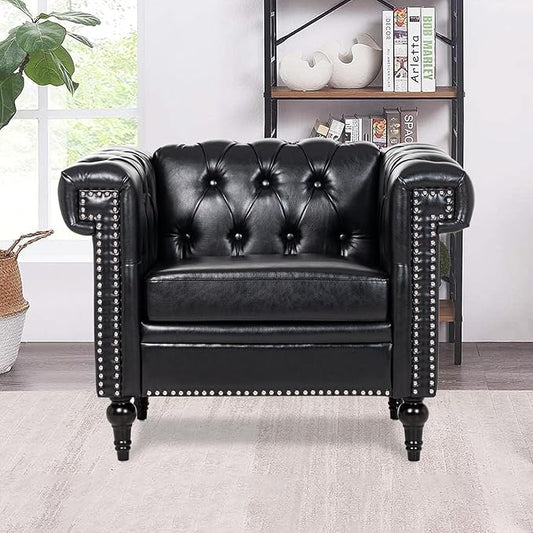 Modern Black Chesterfield Armchair - Faux Leather Upholstery with Tufted Back Club Wingback - Ergonomic Accent Chair for Living Room Office Bedroom Study