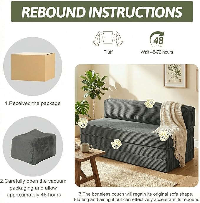 5-in-1 Convertible Sofa Bed Boneless Loveseat Sleeper Tri-fold Futon Sofa Bed with Removable Cushions &amp Washable Cover Pull Out Couch with Handle for Small Spaces Queen Size Grey