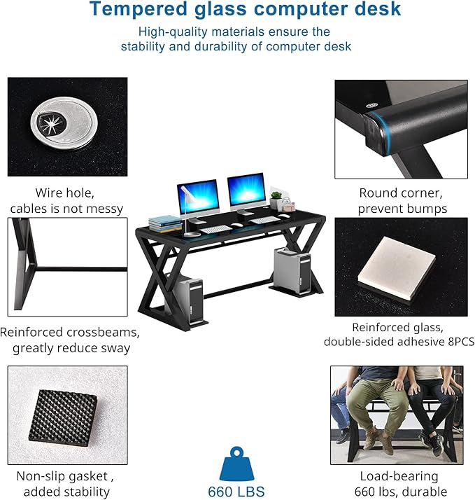 IPKIG Tempered Glass Computer Desk Modern Study Office Desk with Metal Frame and Glass Top Writing Study Desk Table Gaming Desk for Home Office Workstation (Black 55.1 Inch)