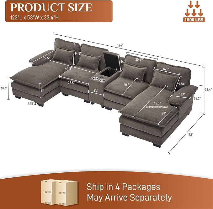 124 U Shaped Cloud Couch Sectional Sofa Fluffy Modular Couches for Living Room Oversized Modern Plush Chenille Sectional Couch Set Cloud Sofa with Central Console USB Ports Cup Holder Stone Grey