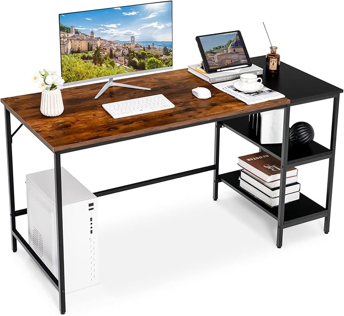 COSTWAY 55” Computer Desk PC Laptop Desk with Storage Shelves Large Computer Desk with Splice Board Adjustable Foot Pads Industrial Home Office Desk for Writing Study Game (Rustic Brown)