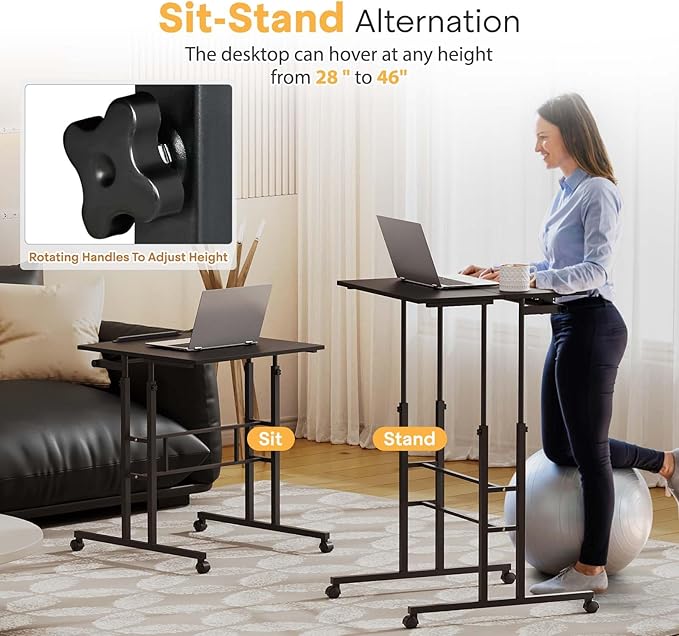 Small Standing Desk Adjustable Height and Angle Computer Laptop Desk Home Office Sit Standup Desk Portable Rolling Desk with Wheels 2 Platforms Black