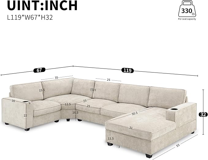 119*67 U Shaped Sectional Sofa6 Seat Chenille Corner Couch Set with Oversized Chaise LoungeIrregular Corner Deep and Wide Seat Comfy Sofa with Cup Holders for Living RoomApartment (Beige-V33)