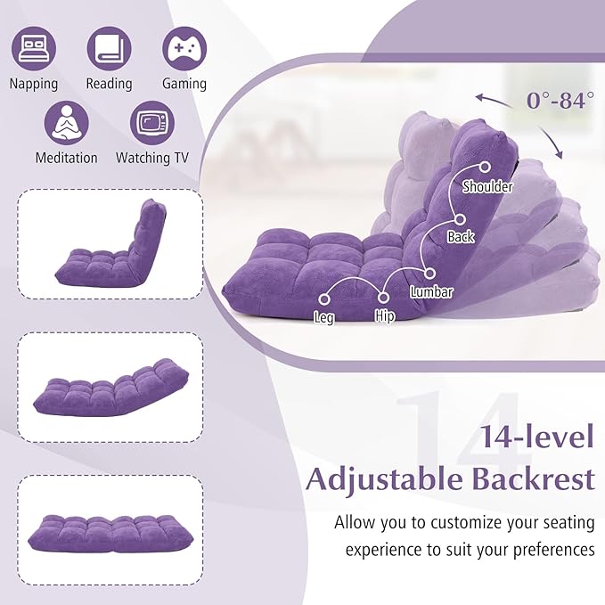 14-Position Floor Sofa Folding Gaming Sofa Chair Comfy Cushions &amp Study Steel Frame Angle Adjustable Sleeper Bed Couch Recliner (Purple)