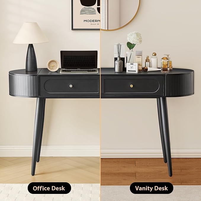 Practical 59 Wood Writing Desk Home Office Laptop Desk with 2 Flip Hide Storage + 2 Drawer MCM Elegant Fluted Multifunctional Study Desk for Apartment Bedroom (Black)