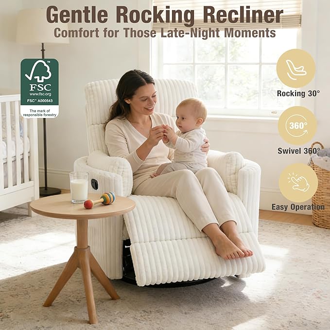 Swivel Rocking Chair Nursery for Adults Swivel Rocker Recliner Glider Barrel Armchair Single Sofa with 2 Pillows for Living Room Bedroom Nursery Beige