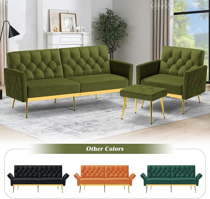 Velvet Sofa Bed w/Adjustable Armrests and Backrests Modern Convertible Sleeper Sofa Tufted Futon Sofa for Bedroom Living Room Apartment Olive Green