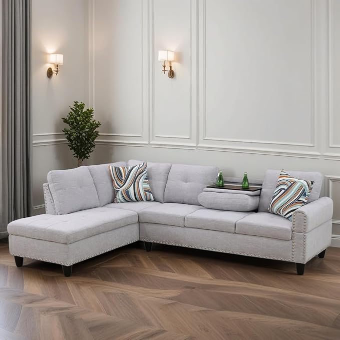 FONTOI L Shaped Sectional Couches for Living Room 4-Seat Modern Modular Sofa with Cup Holders &amp Nail-Head Trim Comfy Couch with Chaise for Office/Bedroom/Apartment Grey White