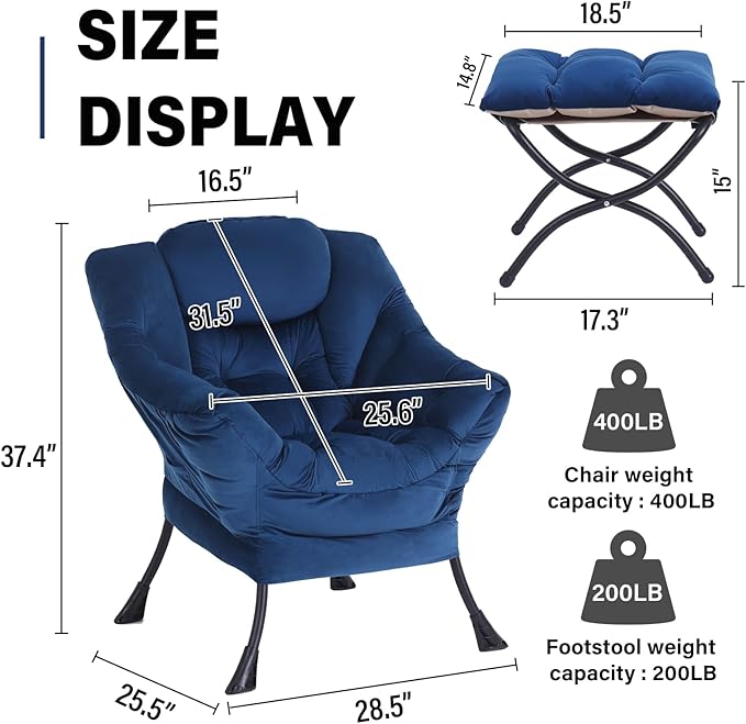 Lazy Chair with Ottoman Modern Accent Chair Sofa Chair with Armrests Reading Chair and Folding Footstool for Living Room Bedroom Office Royal Blue