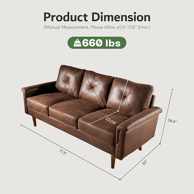 ovios Luxury 3 Seater Sofa with Faux LeatherMid-Century Modern Couch with Comfortable ArmrestComfy Couches with Deep SeatSmall Sofas for Living Room Bedroom (Dark Brown)