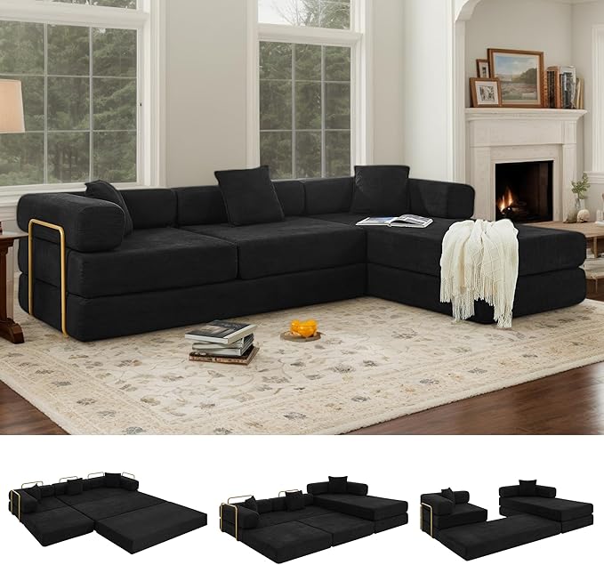 108 W Corduroy Modular Cloud Couch with Fixed-Shape Frame Oversized L-Shaped Sectional Sleeper Sofa Bed with Pull Out Bed No Assembly Modern Floor Boneless Couch for Living Room (Black)