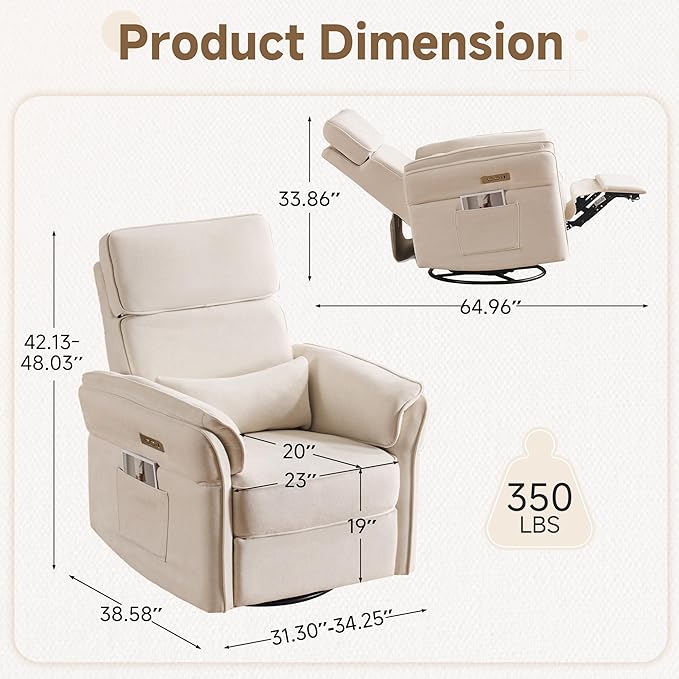 MELLCOM Power Recliner Rocking Chair Nursery Gliders with Adjustable Armrests and Headrest Swivel Electric Glider Reclining Nursing Chair with Storage Bags and USB Port FSC CertifiedBeige Fabric