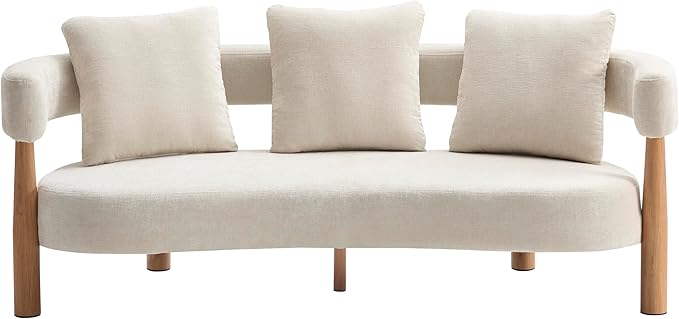 Christopher Knight Home Yulez Curved 3-Seater Sofa Couch with 3 Accent Pillows Chenille Fabric Upholstered Lounge Seating 76.5'' Home Office Bedroom Sofa Chair Comfy Wooden Frame Sofa Beige