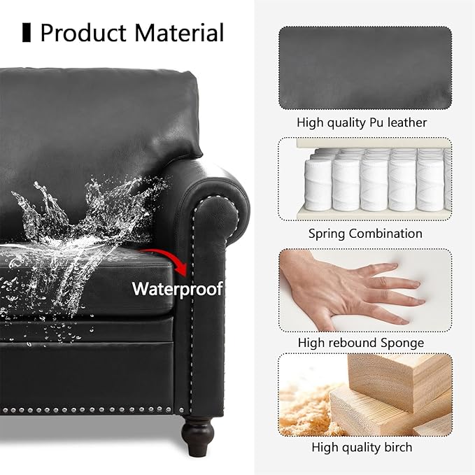 Black Faux Leather Accent Sofa Chair with Rivet Rolled Arm Modern Mid Century Wingback Club Chair for Living Room Apartment Office Easy Assembly (Black PU One Chair)