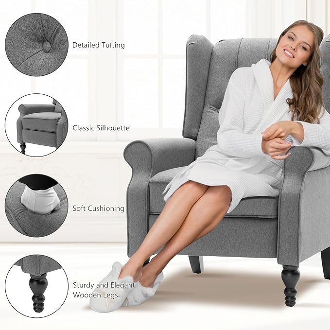 Recliner Wingback Chair Modern Linen Fabric Push Back Recliner Chairs Linen Fabric Single Sofa Lounge Chair Manual Recliner Chai for Adults Living Room Bedroom (Gray)
