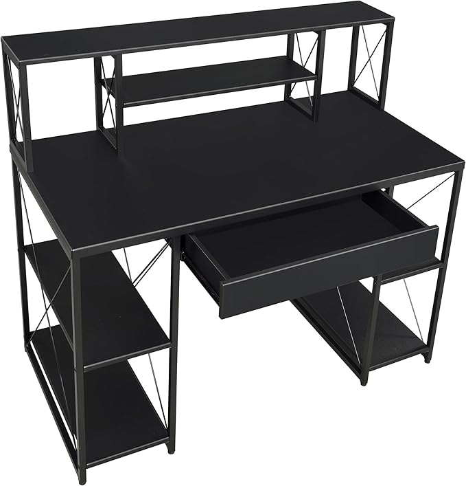 Penau Black Office Desk with Open Shelves and Hutch Writing Desk with Metal Frame Sturdy Surface for Studio Equipment 1 Drawer 8 Open Compartments