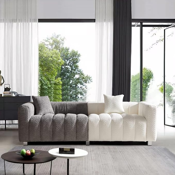 87.4 Modern 3 Seater Sofa Couch for Living Room Mid Century Fluffy Couches with Solid Wood Frame and 6 Legs for Bedroom Apartment Weight Capacity 750 LBS… (Gray &amp White)