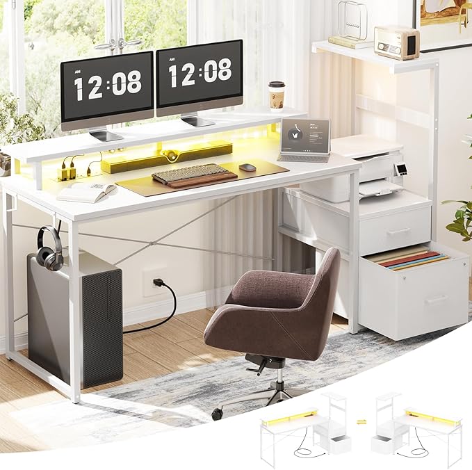 Aheaplus Gaming Desk with LED Strip &amp Power Outlet 59Inch Reversible Computer Desk with Monitor Stand &amp Storage Shelves Home Office Desks with Fabric File Drawer Gamer Table PC Desk White