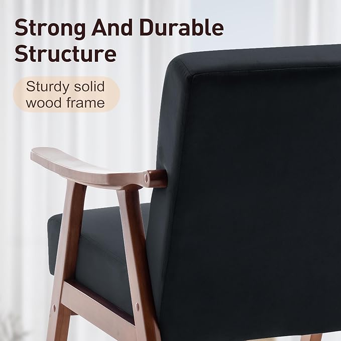 Mid Century Modern Accent Chairs with Solid Wood Frame Comfortable Accent Chair with Arms for Living Room or Bedroom Black