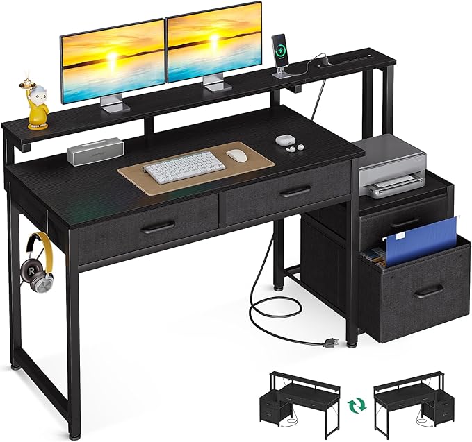 AODK Computer Desk with 4 Drawers 48 Inch Office Desk with Printer Shelf &amp Built-in Power Outlet Work Desk with Monitor Shelf for Home Small Spaces Black