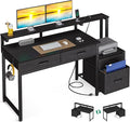 AODK Computer Desk with 4 Drawers 48 Inch Office Desk with Printer Shelf &amp Built-in Power Outlet Work Desk with Monitor Shelf for Home Small Spaces Black