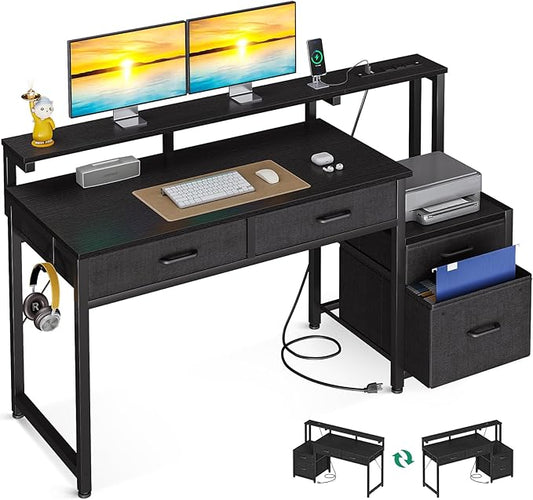 AODK Computer Desk with 4 Drawers 48 Inch Office Desk with Printer Shelf &amp Built-in Power Outlet Work Desk with Monitor Shelf for Home Small Spaces Black
