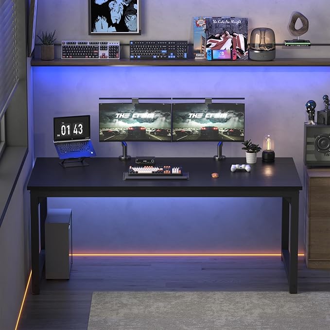 70 Computer Desks Large Wooden Home Office Desk with Thicker Tabletop and Metal Frame Writing Work Computer Study Table Desk for Home and Office Easy Assembly (Black + Metal Frame)