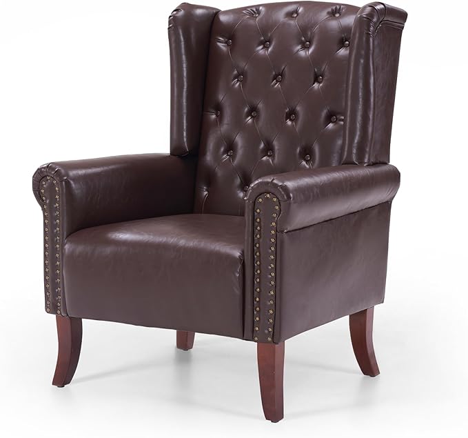PU Leather Accent Chair Modern Wingback Armchair Club Sofa Chair High Back Living Room Chair for Bedroom Office Lounge (Caramel)