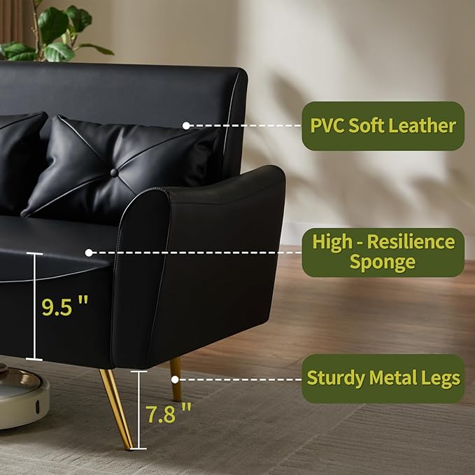 Brelice 48 Faux Leather Loveseat Sofa Modern Small Couch for Small Space with 2 Pillows 2 Seater Couch for Living Room Bedroom Office Apartment (Black)