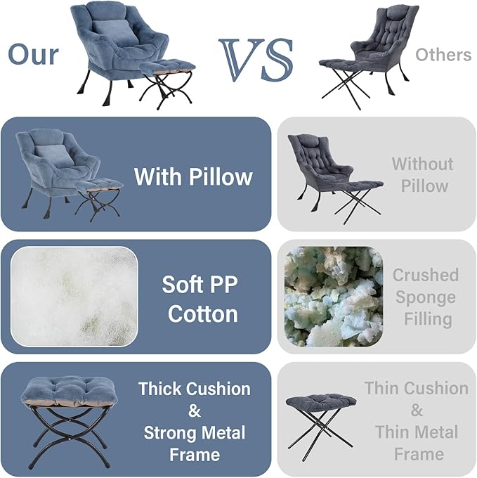Lazy Chair with Ottoman Comfy Reading Lounge Chair with Footstool &amp Throw Pillow Modern with Armrests &amp Side Pocket for Living Room Bedroom Dorm Room Plush Light Blue