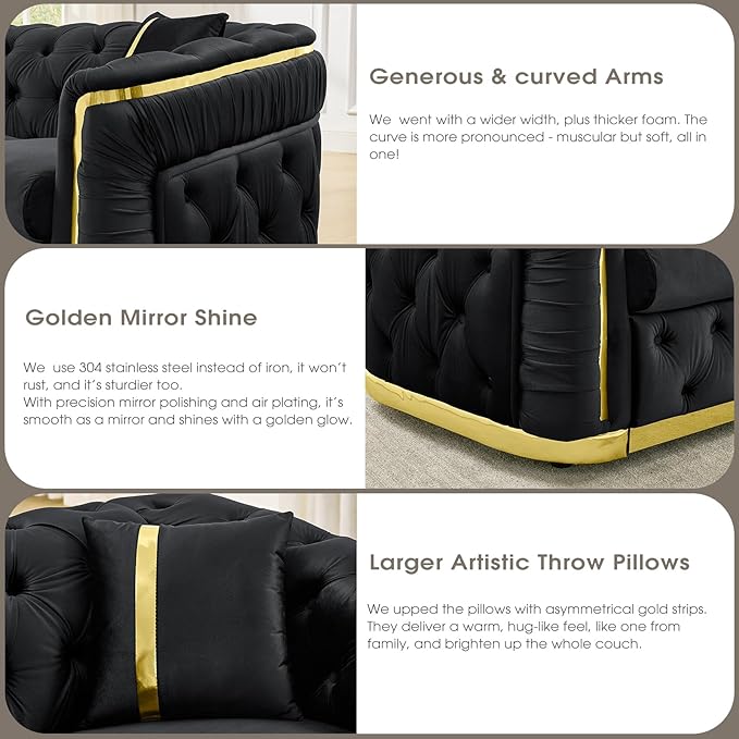 62.6 Mid Century Modern Loveseat Chesterfield Sofa Couch Black and Gold Couch Velvet Button Tufted Luxury Couches for Living Room with Golden Decor &amp 2 Pillows Black | StainlessSteel Decor Ele