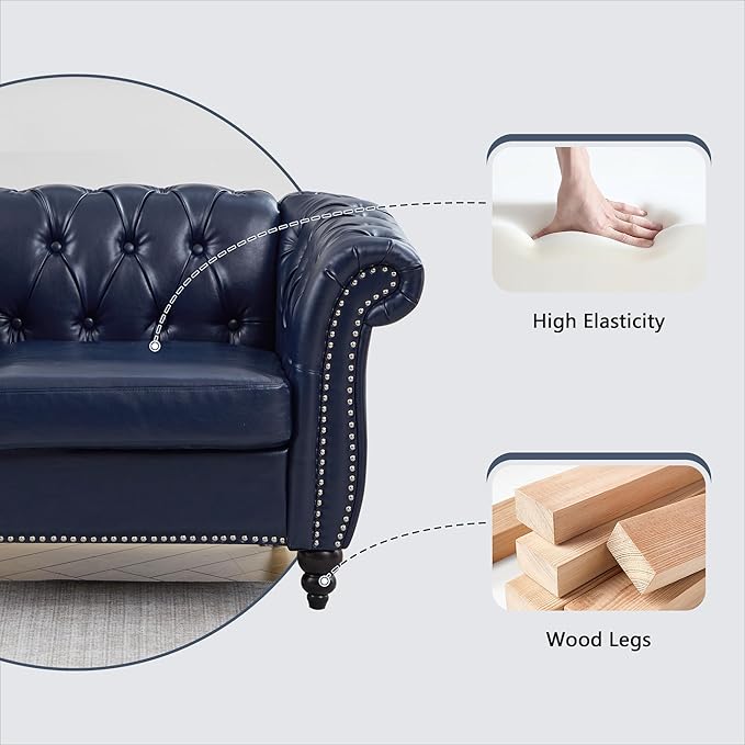 ORRD Chesterfield Sofa Leather Modern Faux PU Tufted Couch 3 Seater with Rolled Arms and Nailhead for Living Room Bedroom Office Apartment (Blue)