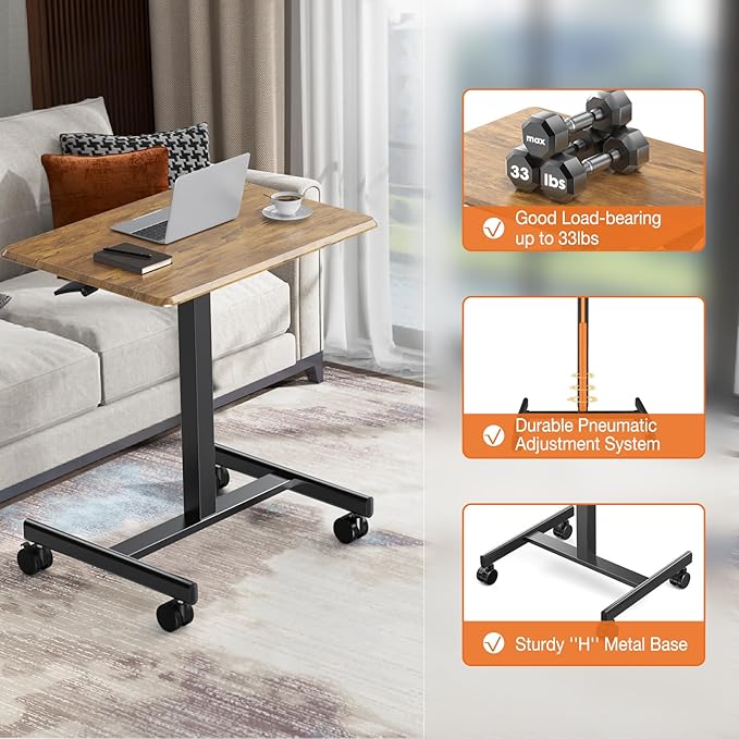 Sweetcrispy Small Mobile Rolling Standing Desk - Overbed Table Mobile Portable Rolling Laptop PC Table with Locking Wheels Adjustable Height Computer Workstation for Home Office 19 InchBrown