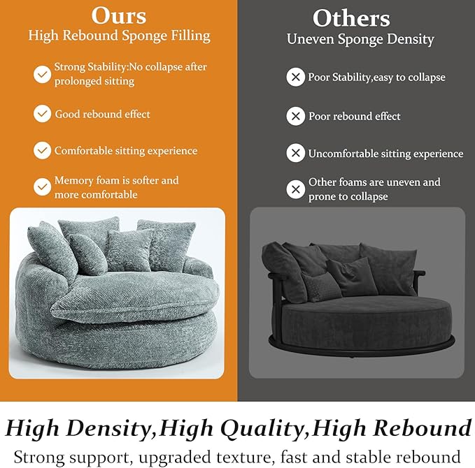 54 Oversized Round Chair Couch Lounge Chaise Indoor Comfy Boneless Sofa for Living Room Cloud Large Circle Couch Chair with 5 Pillows Fluffy Modern Sleeper Sofa Bed for Reading (Blue Gray)